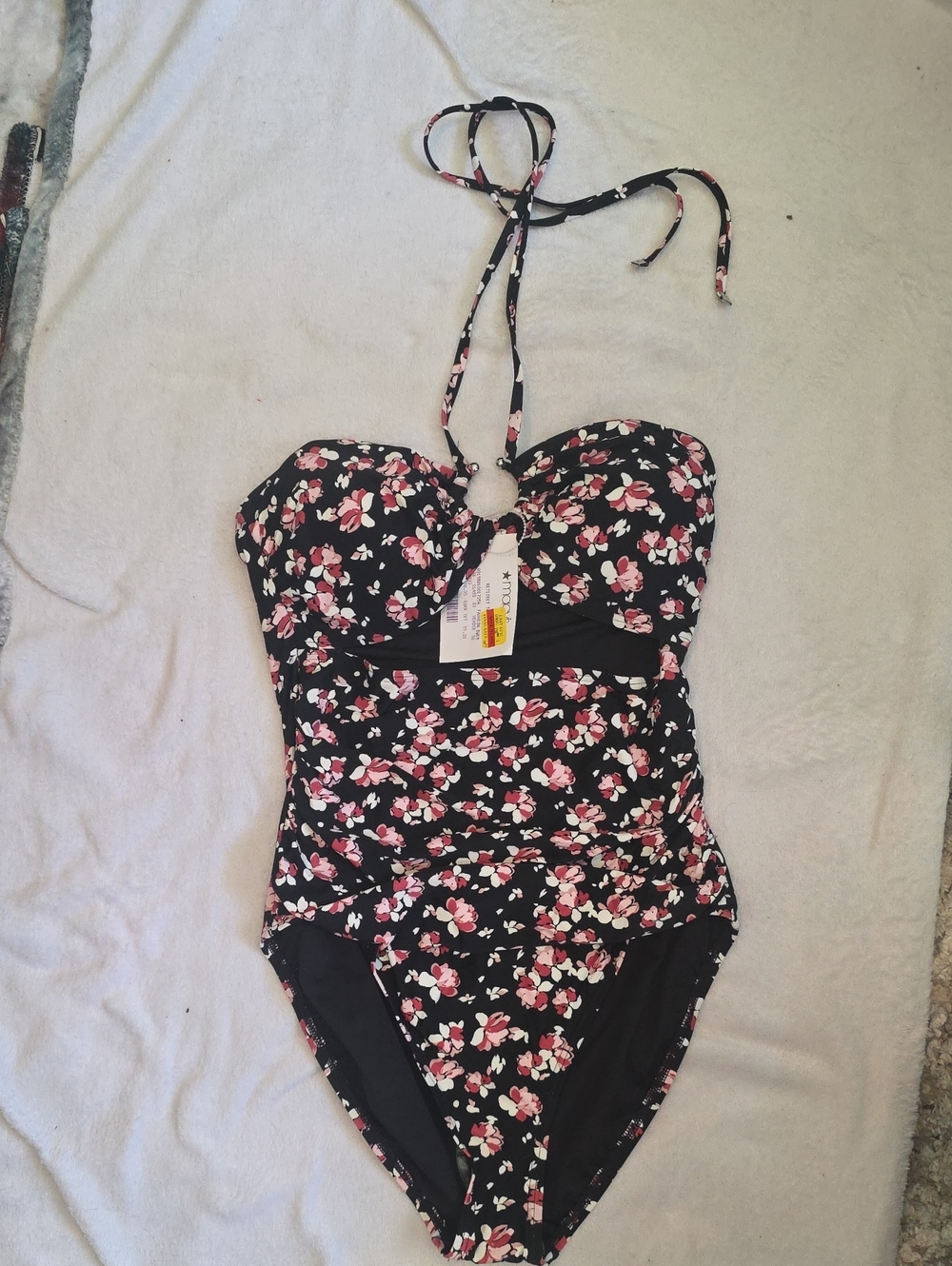 Macy's Black One-Piece Swimsuit with Pink and White Floral Print